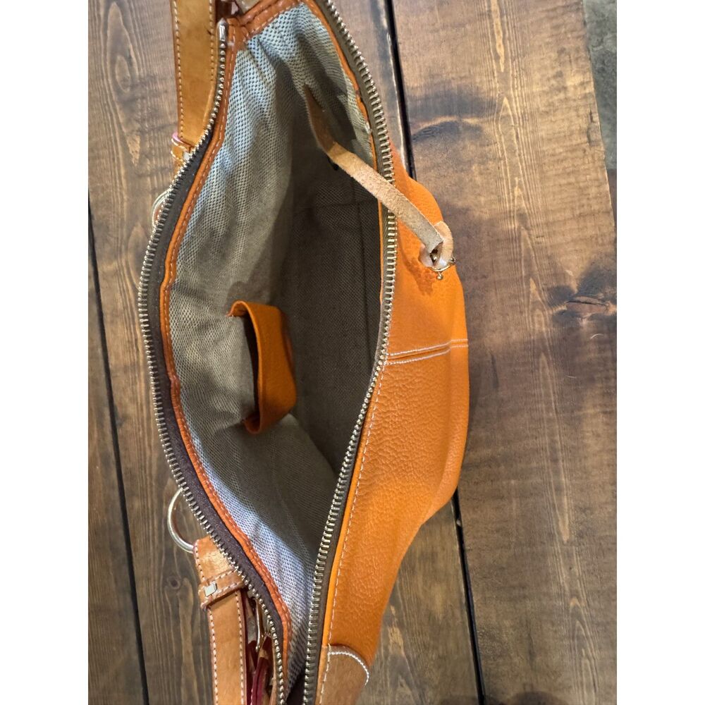 Dooney and Bourke Orange/Tan Pebbled Leather O-Ring Slouch Hobo Bag - Picture 6 of 8